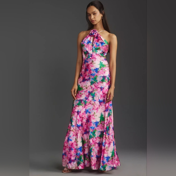 Monique Lhuillier Dresses & Skirts - NWT Sz 16 ML Monique Lhuillier Waterlily Floral Violette Satin Halter Maxi Dress